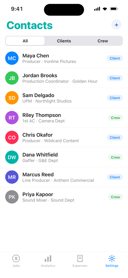LineItems Contacts list of clients and crew