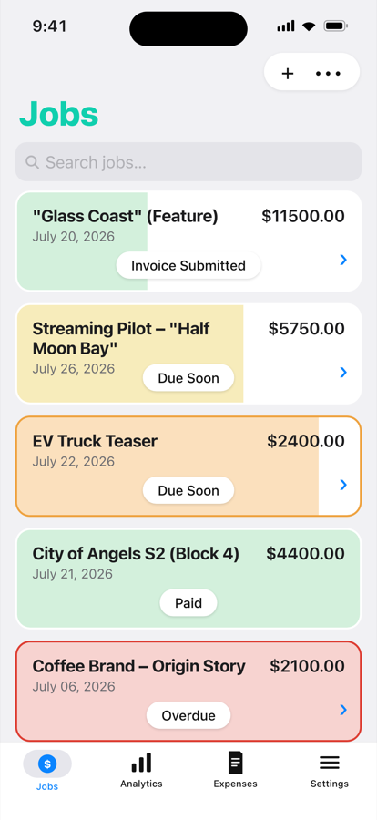 LineItems Jobs list showing tracked jobs with rates and payment status