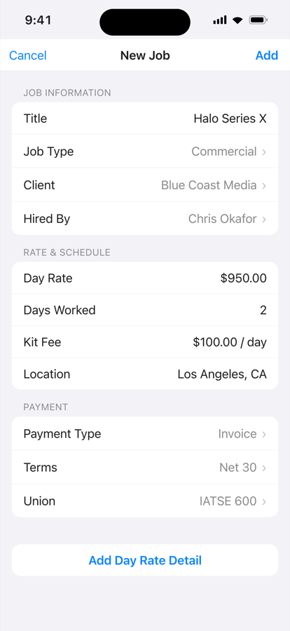 LineItems New Job form with rate, days, and payment terms